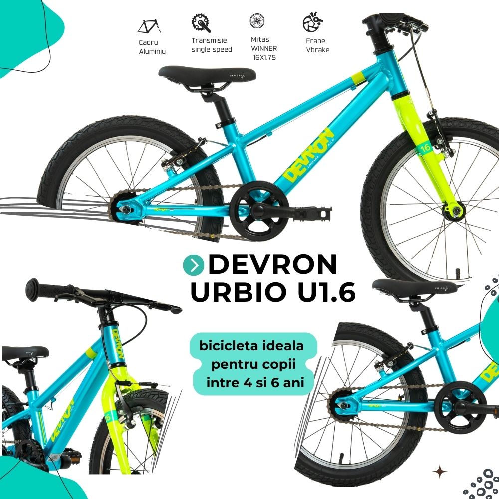 Bicicleta Copii Devron Urbio U1.6 Super Light - 16 Inch, Albastru-Verde - imagine 4