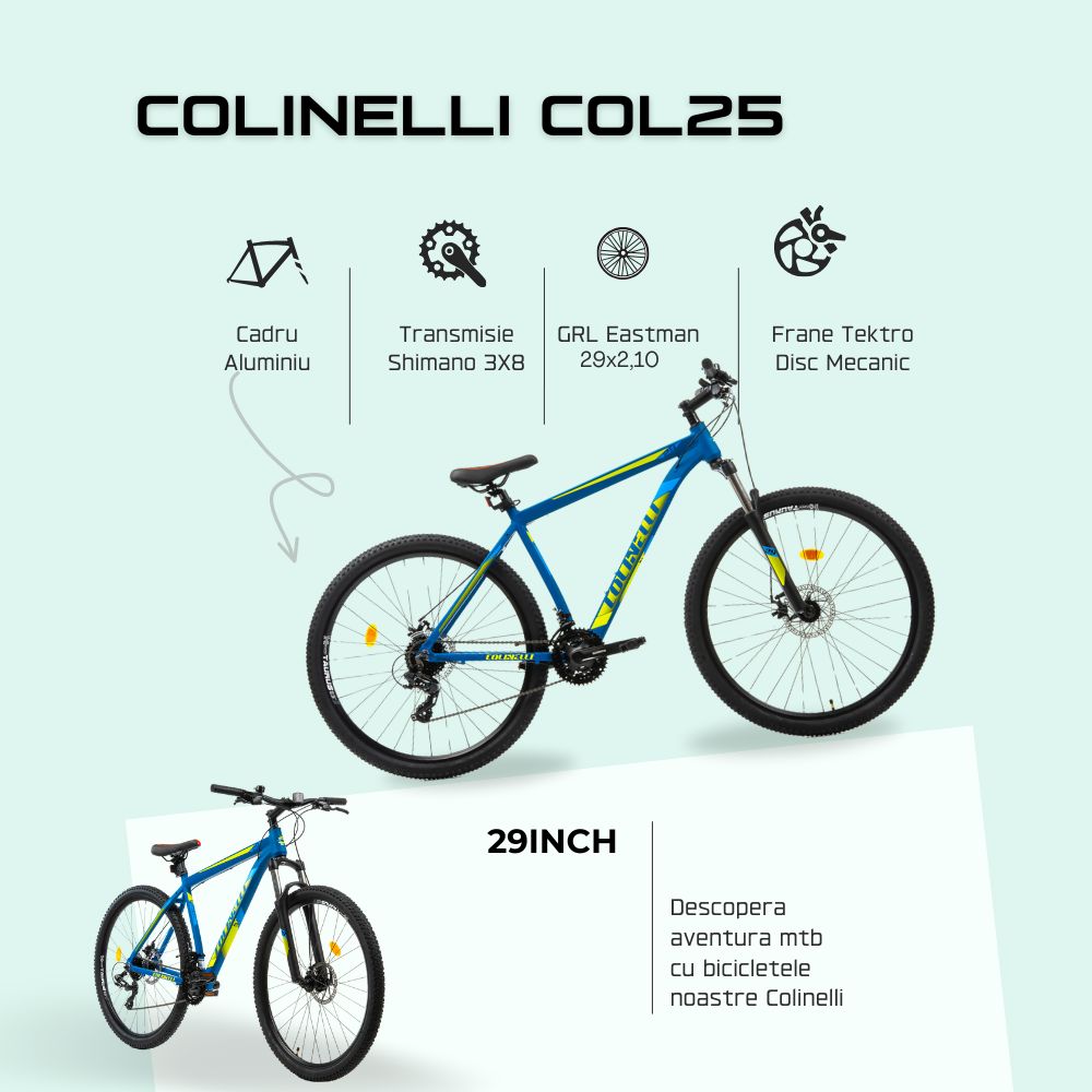Bicicleta MTB Colinelli COL25, Marimea M, 29 inch, Albastru, Schimbator Shimano ST-EF500 EZ-FIRE PLUS, 24 Viteze, Cadru Aluminiu, Frane pe Disc - imagine 4